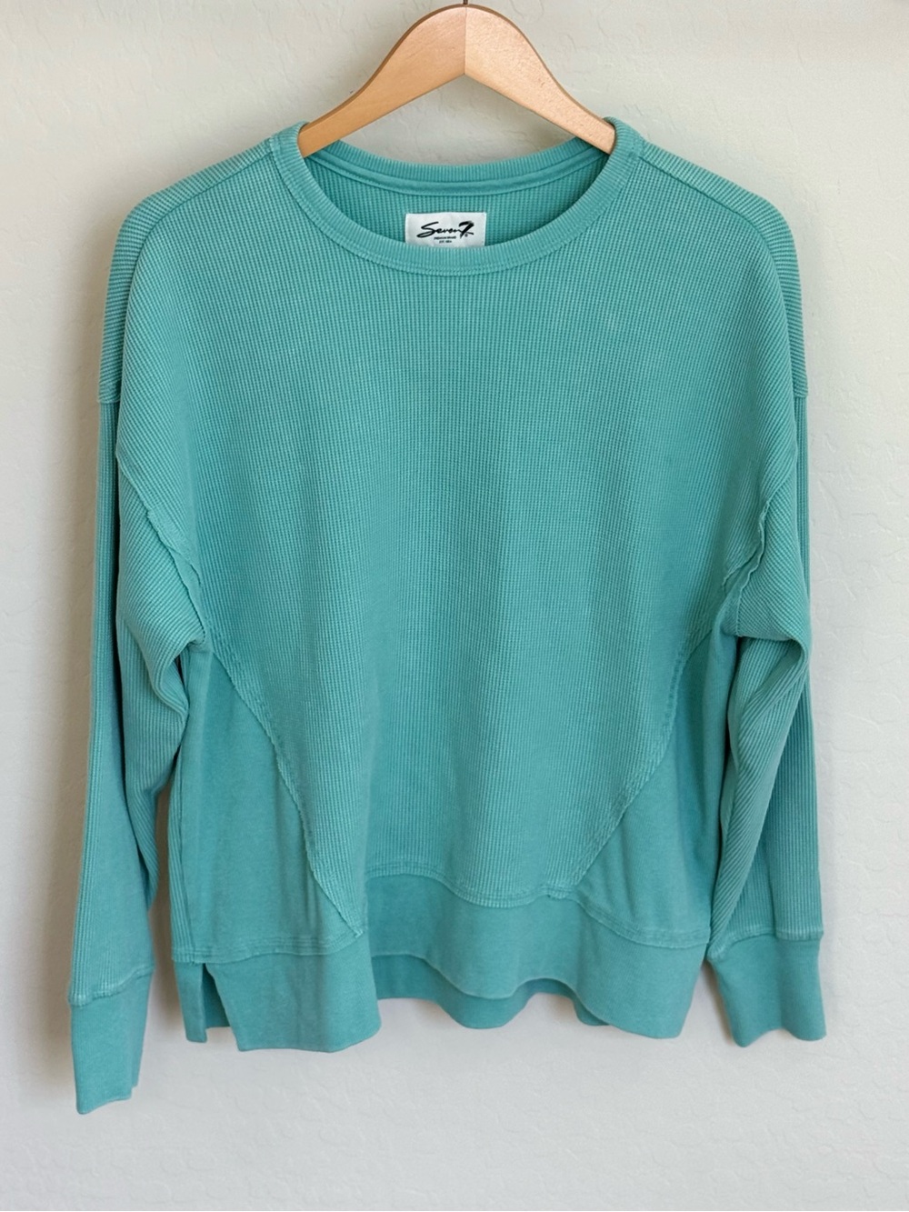 Seven7 Waffle Knit Cozy Crewneck Pullover Top Mint Green Tourmaline Casual Large